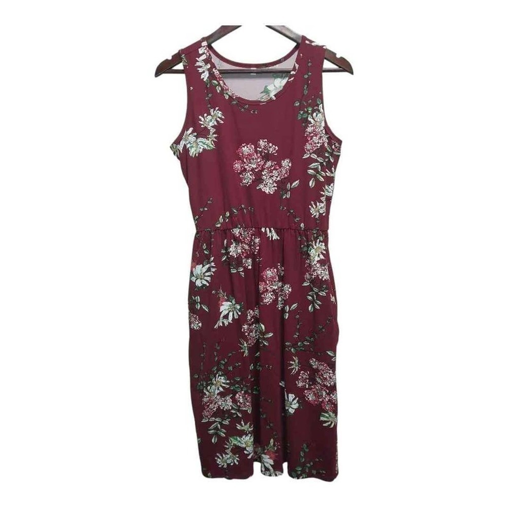 Burgundy floral‎ sleeveless dress.  Stretchy with pockets.  Size Large